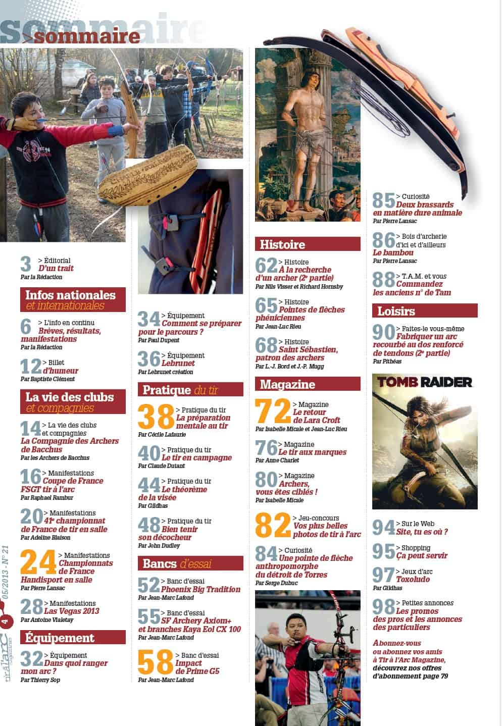 Sommaire Tir à l'Arc Magazine – Numéro 21