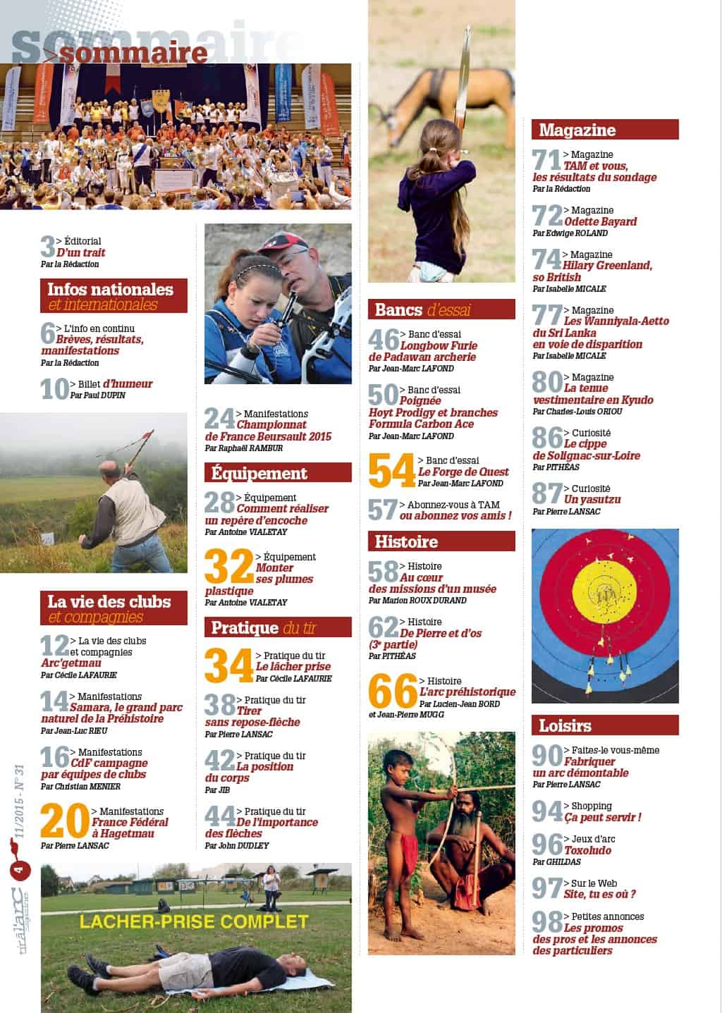 Sommaire Tir à l'Arc Magazine – Numéro 31